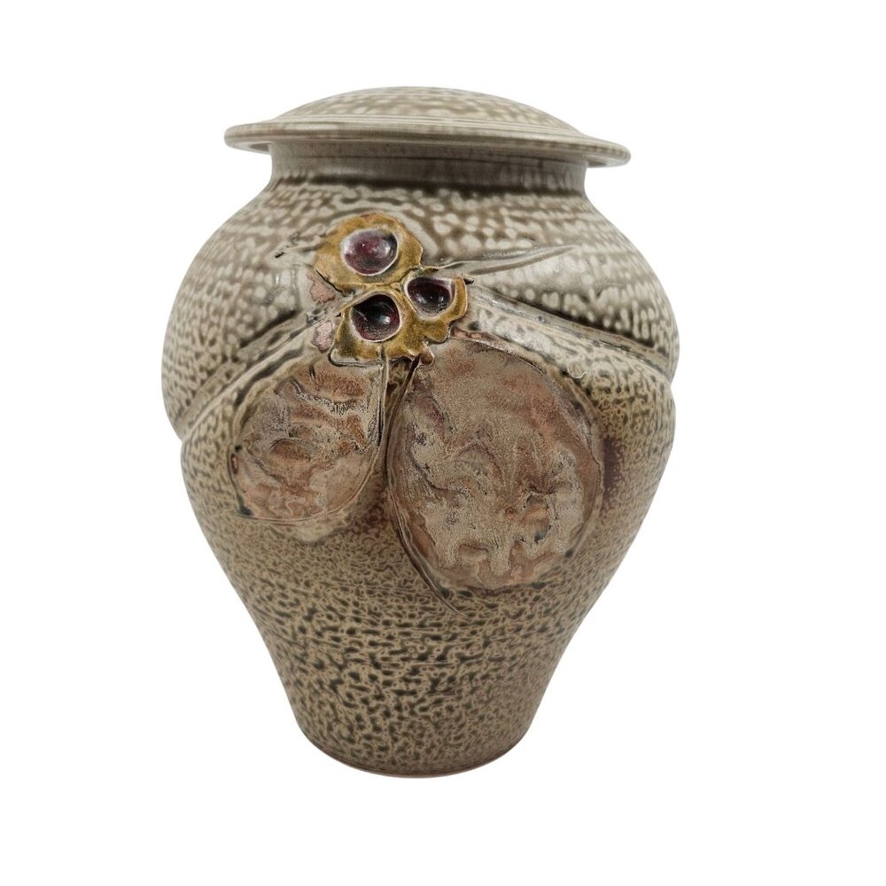 Vintage Studio Pottery Lidded Jar Signed Artisan Vase Urn Tan Floral Relief
